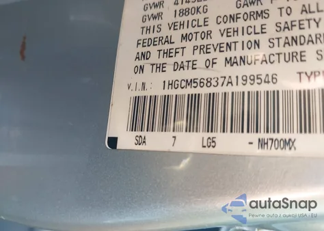 2007 Honda Accord 2.4 Ex из США, поврежденный, VIN 1HGCM56837A199546